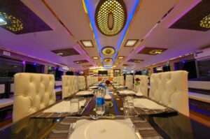 dining area of luxury houseboat in Alleppey